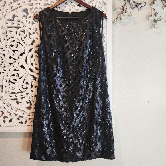 TADASHI SHOJI SEQUINS SLEEVELESS FORMAL DRESS SILK BLACK WOMENS SIZE 12 - Picture 2 of 10